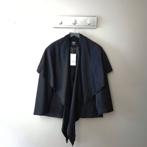 NWT Zara black oversized wool blend scarf accent blazer jacket, XS-S - Picture 14 of 16